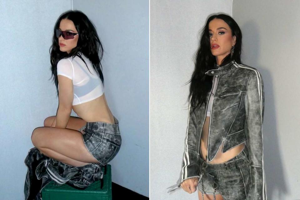 <p>Katy Perry/Instagram</p> Katy Perry poses in leather biker jacket and hot pants