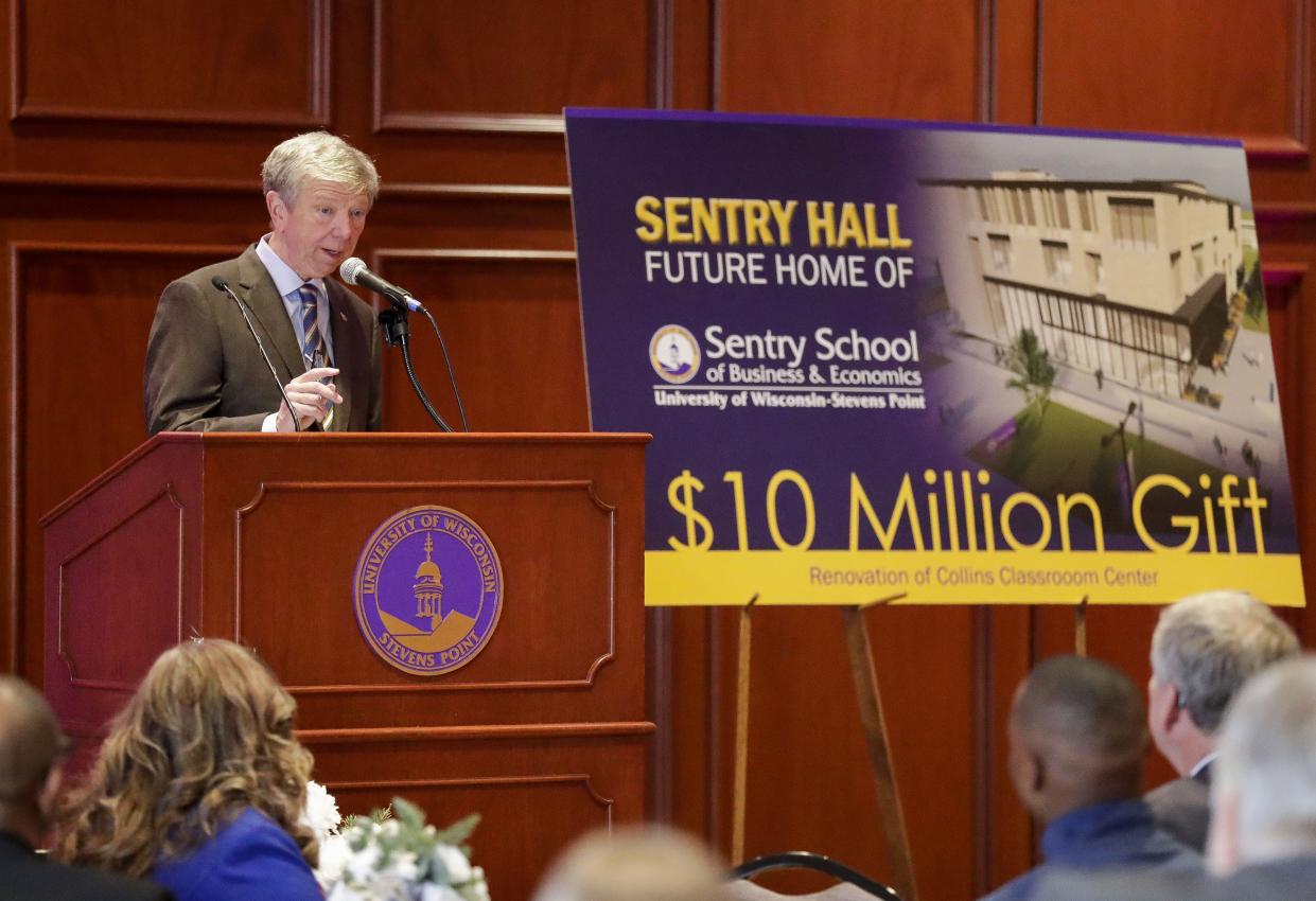 Sentry Insurance CEO Pete McPartland addresses a crowd on Thursday in the Dreyfus University Center at the University of Wisconsin-Stevens Point. Sentry donated $10 million to the university to renovate the Collins Classroom Center into a new home for the Sentry School of Business and Economics.