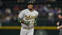 Oakland Athletics' Elvis Andrus runs the bases after hitting a two-run home run during the seventh inning of the team's baseball game against the Texas Rangers in Arlington, Texas, Tuesday, Aug. 16, 2022. (AP Photo/Tony Gutierrez)