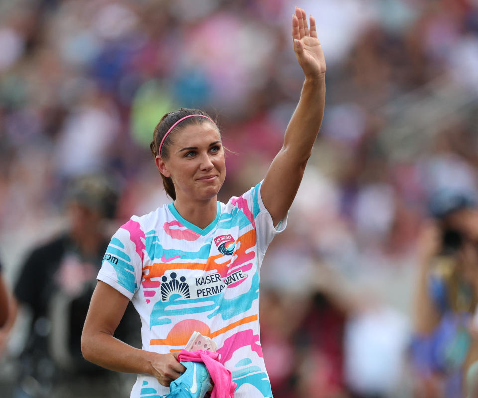 Alex Morgan said goodbye to the San Diego Wave and her career as a soccer player on Sunday evening. (Abe Arredondo-Imagn Images)