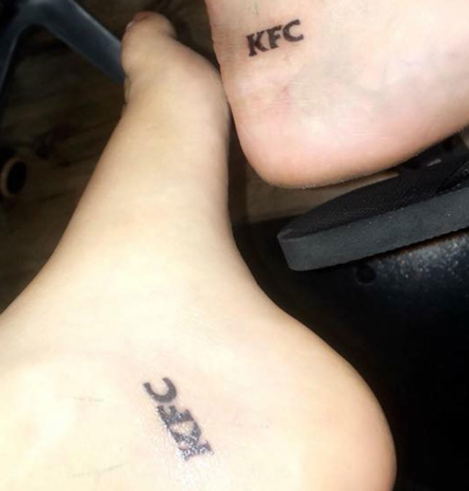 Brooke and her friend Brielle got KFC tattoos at Schoolies. Source: Supplied