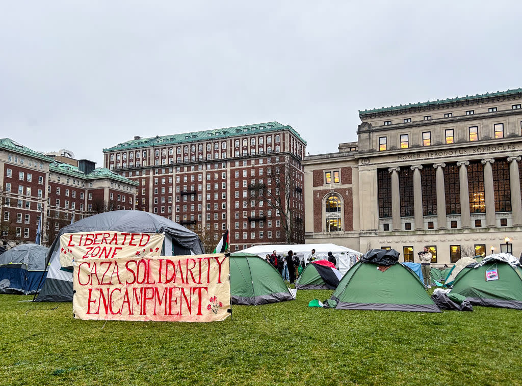  "Gaza Solidarity Encampment" demonstration is held on South Lawn of Columbia University campus with more than 100 students who were demanding that Columbia divest from corporations with ties to Israel. 