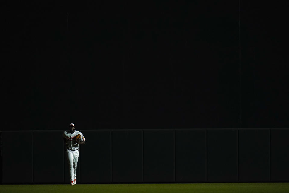 Baltimore Orioles relief pitcher Felix Bautista enters the game in relief during the ninth inning of a baseball game against the Cleveland Guardians, Tuesday, May 30, 2023, in Baltimore. The Orioles won 8-5. (AP Photo/Julio Cortez)