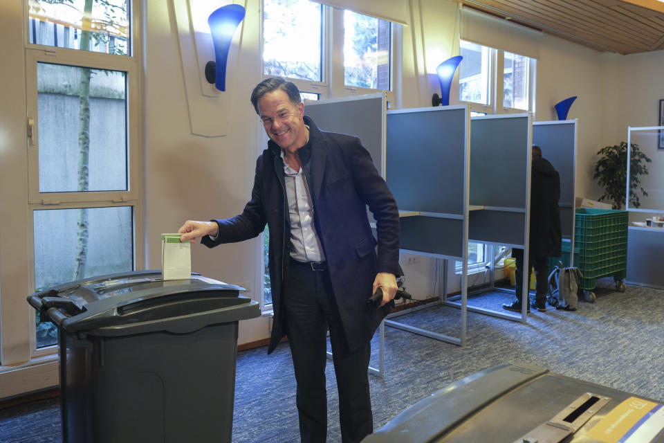 Dutch Prime Minister Mark Rutte casts his ballot for the provincial elections in The Hague, Netherlands, Wednesday, March 15, 2023. Local elections with national consequences opened Wednesday in the Netherlands as voters cast their ballots for the country's 12 provincial legislatures, which in turn elect the national parliament's upper house. (AP Photo/Mike Corder)