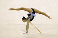 LONDON, ENGLAND - JANUARY 18: Anna Alyabyeva of Kazakhstan in action in the Individual All-Around Final during the FIG Rhythmic Gymnastics at North Greenwich Arena on January 18, 2012 in London, England. (Photo by Ian Walton/Getty Images)