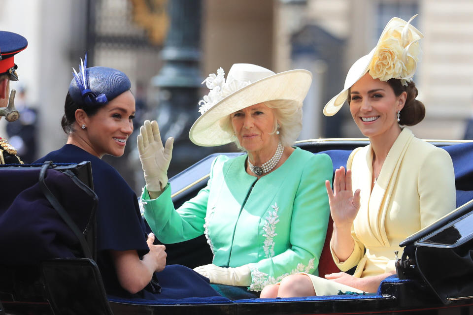 Camilla, Duchess of Cornwall, and Catherine, Duchess of Cambridge, joined Prince Harry and Meghan in the carriage.