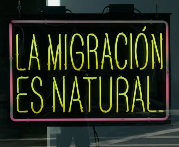 A neon sign that reads "La Migración es natural" is shown in a storefront window