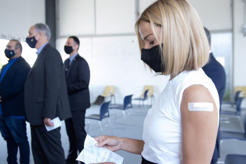 Cyprus Minister of Justice Emily Yiolitis is seen after receiving a dose of AstraZeneca coronavirus disease (COVID-19) vaccine in Nicosia