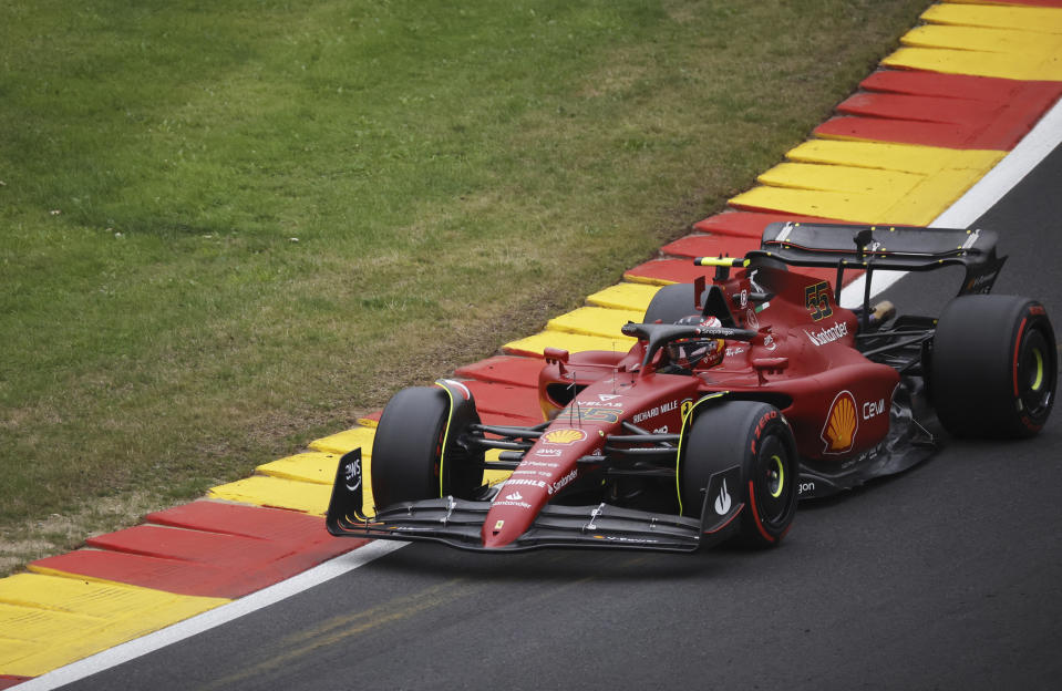 Ferrari driver Carlos Sainz of Spain steers his car during the third practice session ahead of the Formula One Grand Prix at the Spa-Francorchamps racetrack in Spa, Belgium, Saturday, Aug. 27, 2022. The Belgian Formula One Grand Prix will take place on Sunday. (AP Photo/Olivier Matthys)