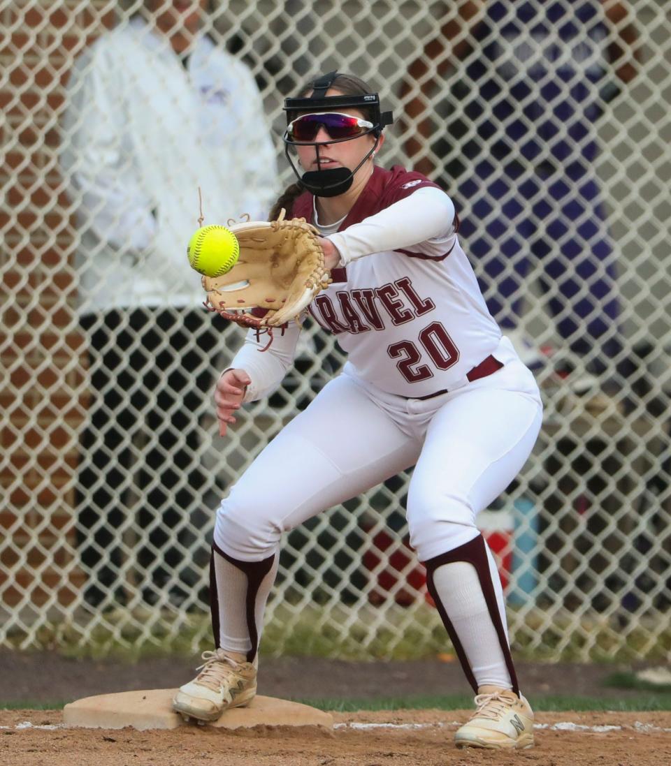 Caravel's Brooklyn Richardson covers first in the second inning of the Bucs' 5-4, eight-inning win against Delmarva Christian at Caravel Academy, Tuesday, April 25, 2023.