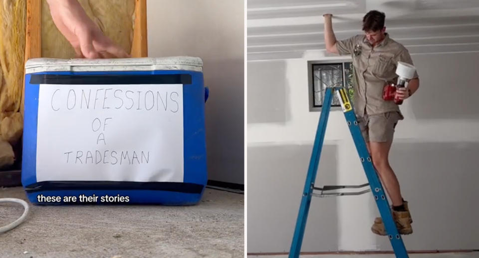 Left: Tradies' confessions box on work site. Right: Queensland electrician Kyle Romaior on job site. 