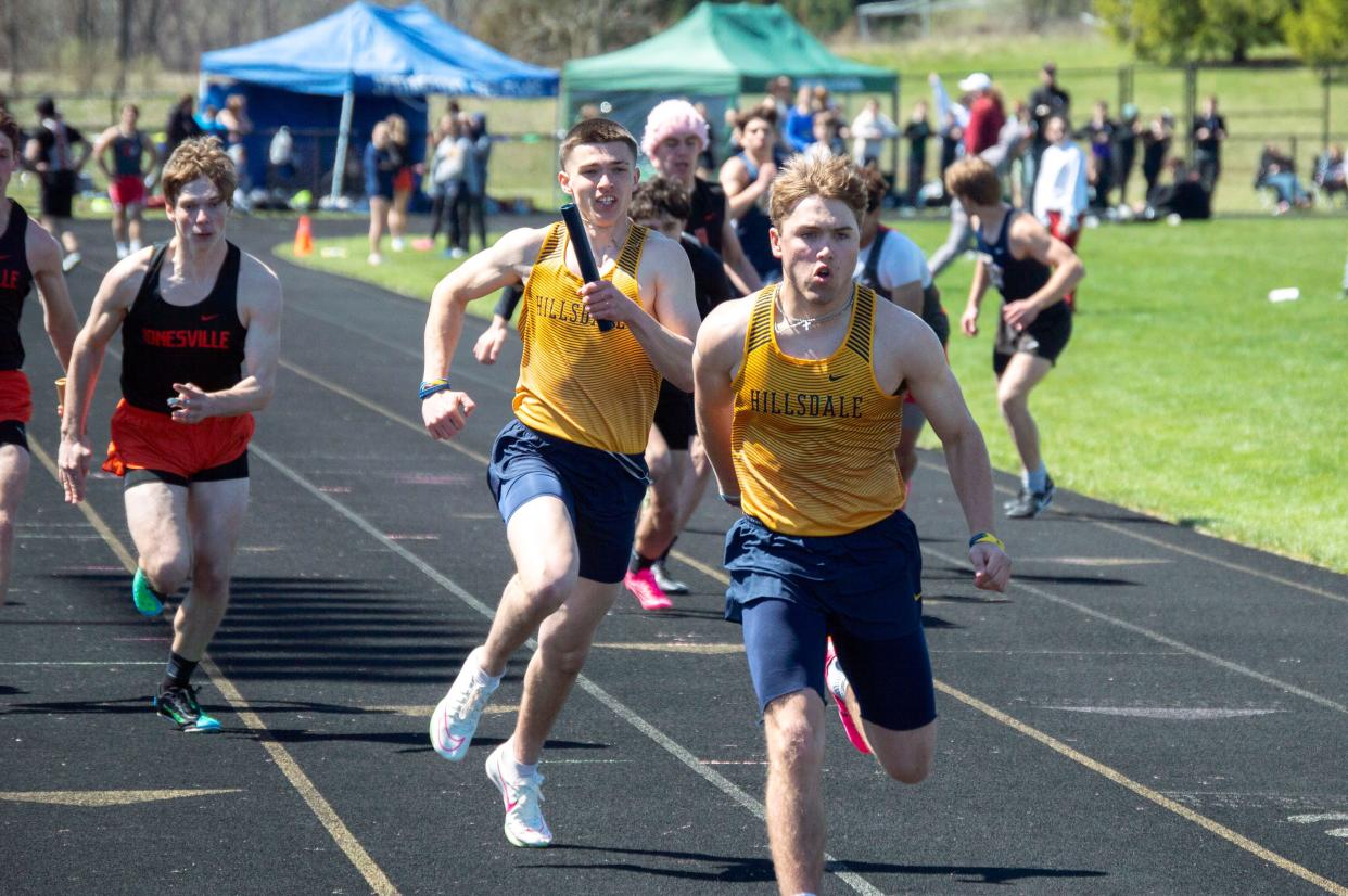 Hillsdale's 4x100 relay team (pictured here is Hunter Wilson and Jace Lennox) looks to compete to break a school record this year.