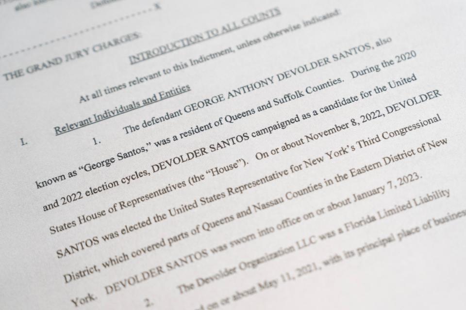 May 10, 2023; Washington, DC, USA; Detail image from the federal indictment of Rep. George Santos, R-N.Y. Santos was arrested Wednesday morning and will be arraigned in the afternoon on federal charges including fraud and lying to Congress.