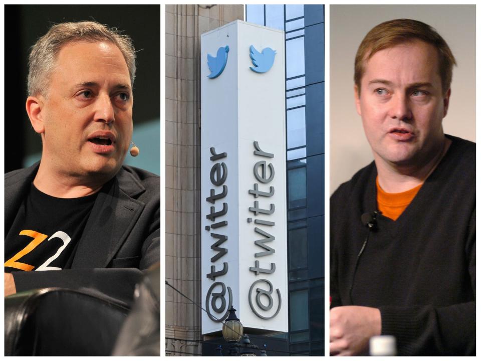 David Sacks and Jason Calacanis either side of the Twitter logo