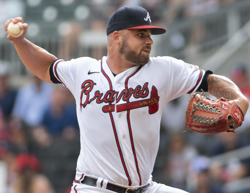 Atlanta Braves starting pitcher Bryse Wilson throws during the first inning of the second game of a baseball doubleheader against the San Diego Padres on Wednesday, July 21, 2021, in Atlanta. (AP Photo/Hakim Wright Sr.)