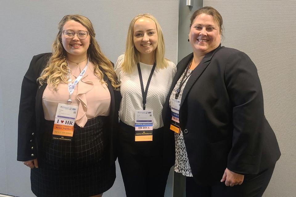 The winning team in the case competition at the Tennessee Student Human Resources Management Conference pose at the August 2021 gathering in Nashville, from left, Kaitlyn Berry, outgoing president of MTSU’s Society for Human Resource Management, Anna White and Holli Salley.
