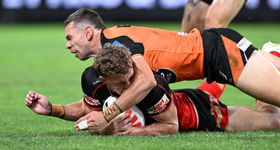 Wests Tigers centre Brent Naden was sent to the sin bin after an ugly tackle on Jack Bostock. Pic: AAP
