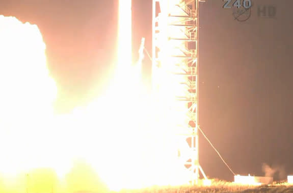 This screengrab shows NASA's LADEE moon mission roaring off the pad in a blaze of flame on the night of Sept. 6, 2013.