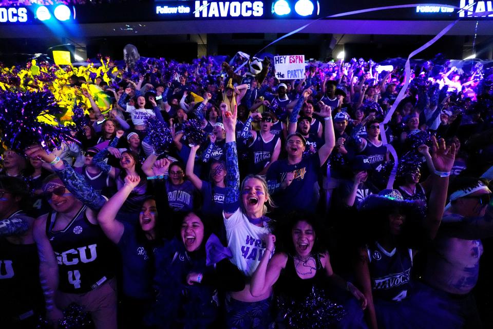 February 17, 2023; Phoenix, Ariz; USA; GCUs fans, known as the Havocs, party before the start of a nationally broadcast game against Abilene Christian at GCU.