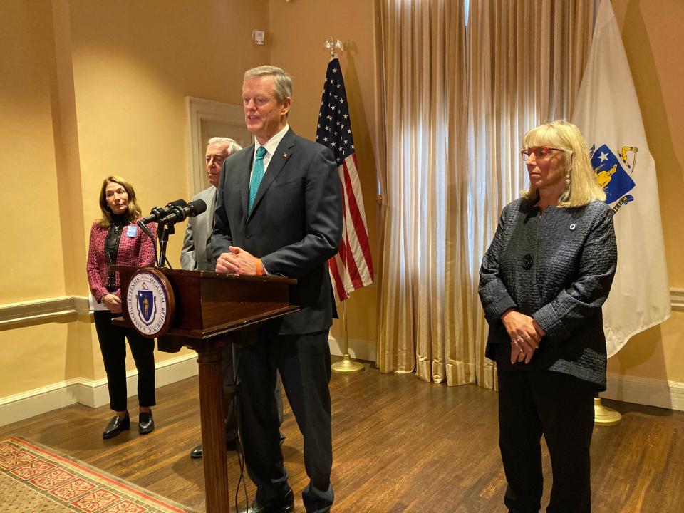 Gov. Charlie Baker speaks to the media about getting tax refunds into state residents' pockets with House Speaker Rep. Ronald Mariano, D-Quincy, and Sen. President Karen Spilka, D-Ashland, after a closed-door session with the legislative leadership to discuss the tax refund, as well as his closeout budget and the state's economic development bill Monday.