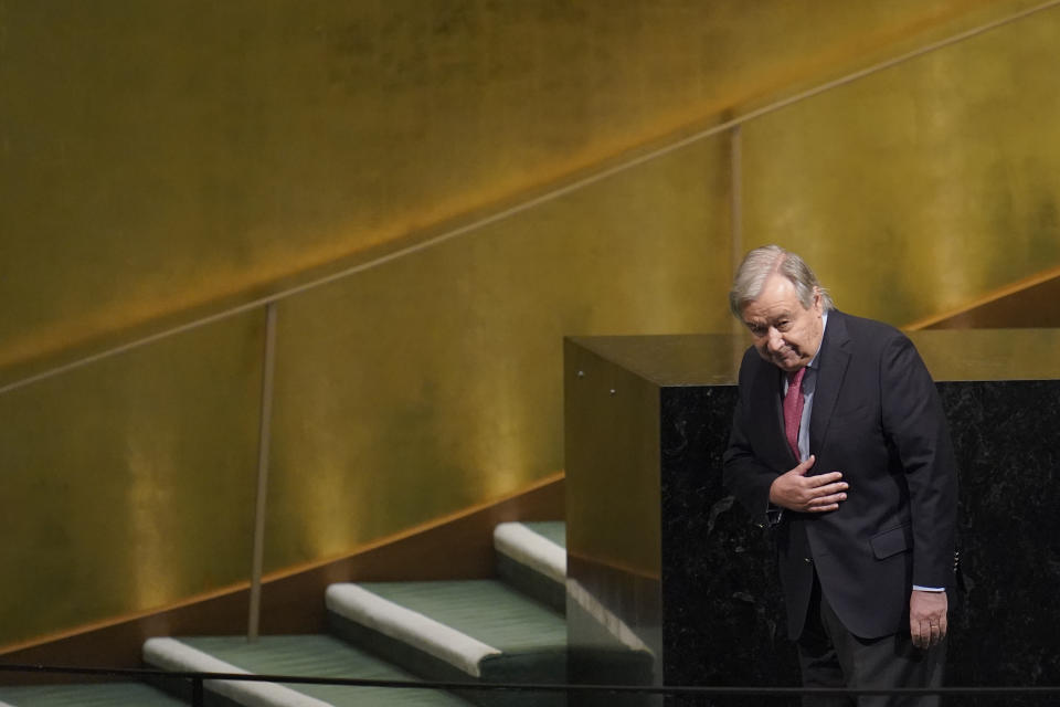 United Nations Secretary-General Antonio Guterres acknowledges the delegates applause as he leaves the podium after addressing the 77th session of the General Assembly at U.N. headquarters Tuesday, Sept. 20, 2022. (AP Photo/Mary Altaffer)