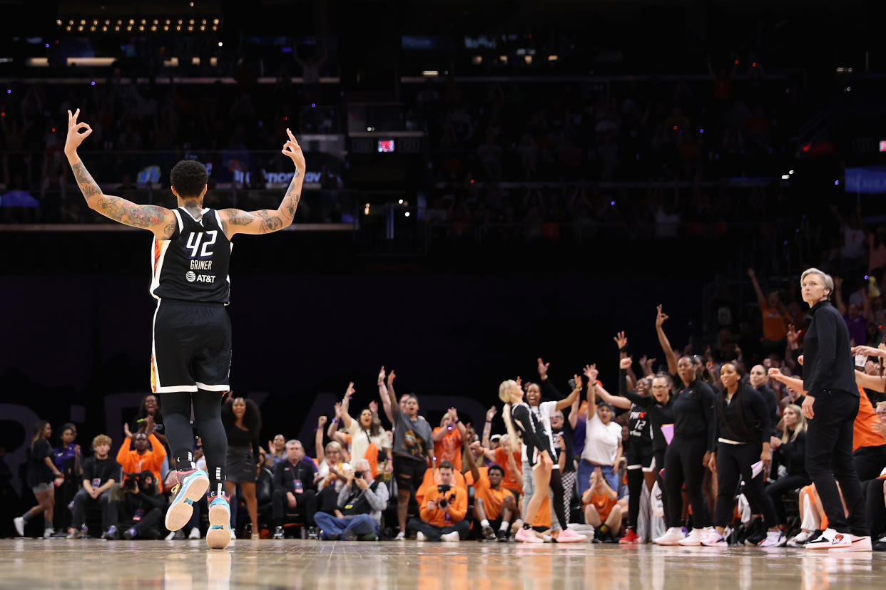 PHOENIX, ARIZONA - MAY 21: Brittney Griner #42 of the Phoenix Mercury reacts after hitting a three-point shot against the Chicago Sky during the second half of the WNBA game at Footprint Center on May 21, 2023 in Phoenix, Arizona. NOTE TO USER: User expressly acknowledges and agrees that, by downloading and or using this photograph, User is consenting to the terms and conditions of the Getty Images License Agreement.  (Photo by Christian Petersen/Getty Images)