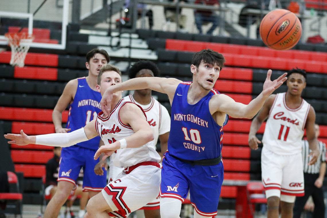 Montgomery County’s Hagan Harrison (10) goes after a loose ball past Clark County’s defense on Jan. 8, 2021.