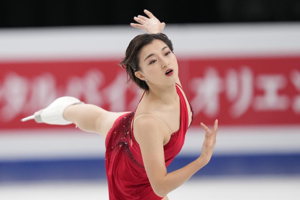 Kaori Sakamoto of Japan performs during the women's free skating program in the World Figure Skating Championships in Saitama, north of Tokyo, Friday, March 24, 2023. (AP Photo/Hiro Komae)