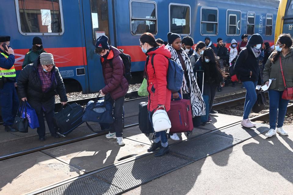 Refugees arriving from Ukraine at the Hungarian border town of Zahony on March 1, 2022.