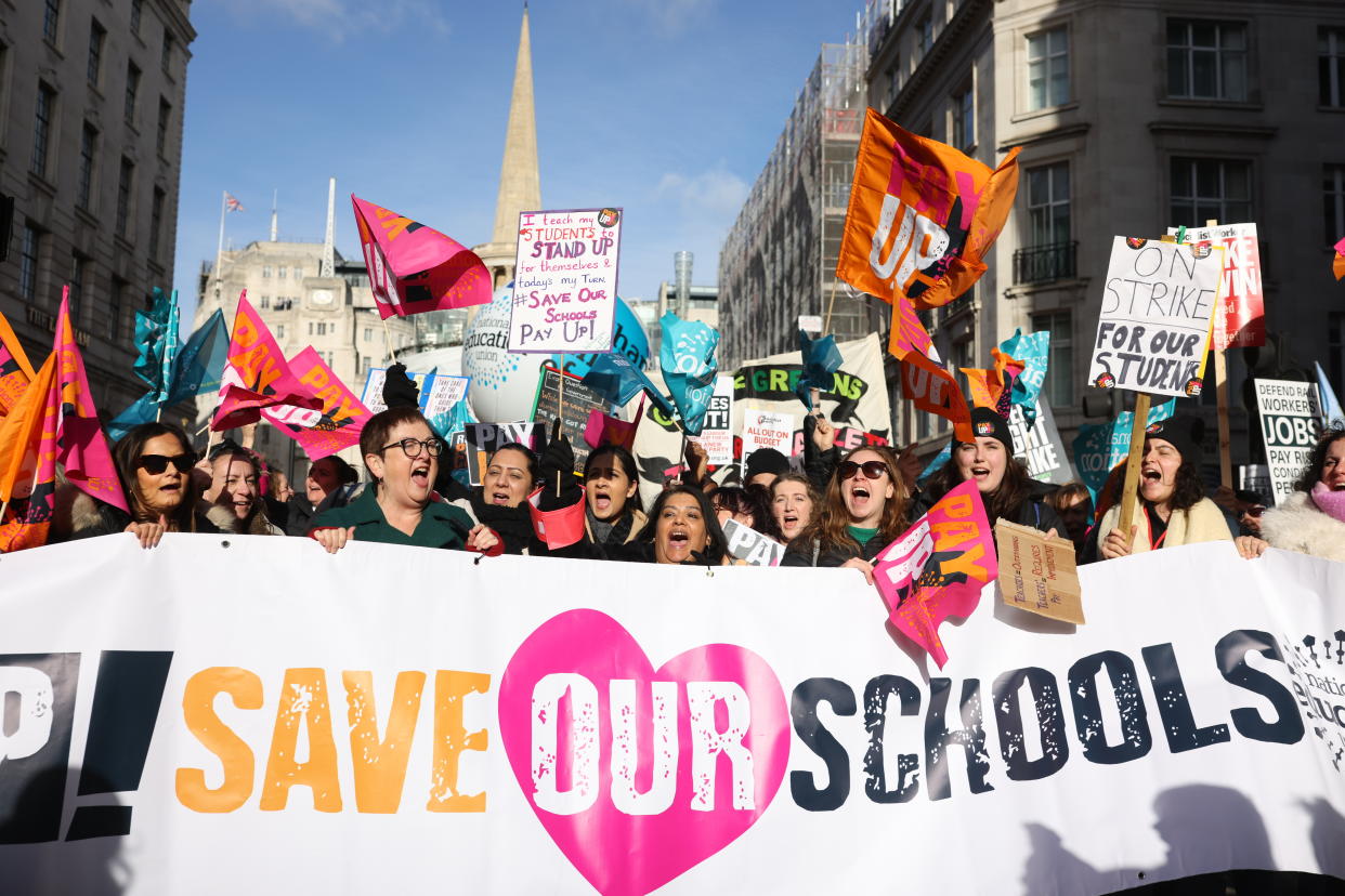 LONDON, ENGLAND - FEBRUARY 01:  Education workers gather in central London as they rally towards Westminster during a day of strikes across the UK on February 1, 2023 in London, United Kingdom. Public sector union members in education, the civil service and the Railways are taking part in strike action across the UK today. Teachers are walking out for the first time over pay and conditions joining 100,000 civil servants who are also seeking a pay rise. ASLEF and RMT train drivers are continuing a long-running strike and will also walk out on Friday. (Photo by Dan Kitwood/Getty Images)