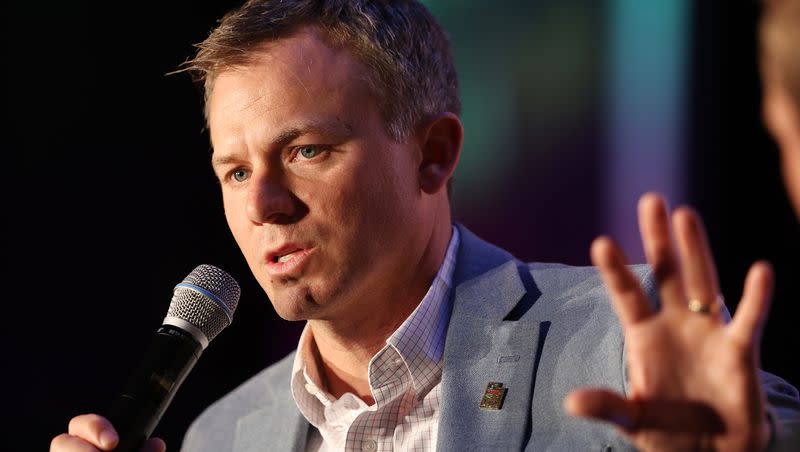 Congressman Blake Moore, who represents Utah’s 1st District, speaks at the American Conservation Coalition summit at the Marriott City Center in Salt Lake City on June 16, 2023.