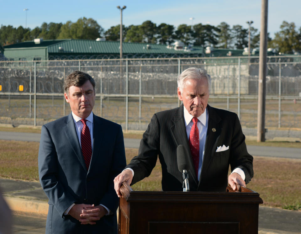 No drugs – South Carolina Corrections Director Bryan Stirling (left) and Governor Henry McMaster (right) announce that the state doesn’t have the drugs it needs for lethal injection (Pictures: AP)