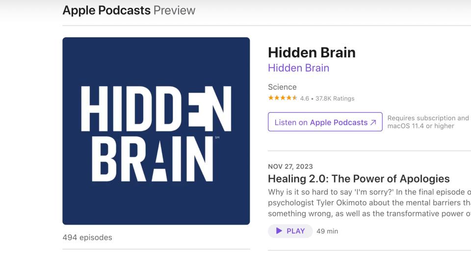 A screenshot from Apple Podcasts of the Hidden Brain Podcast.