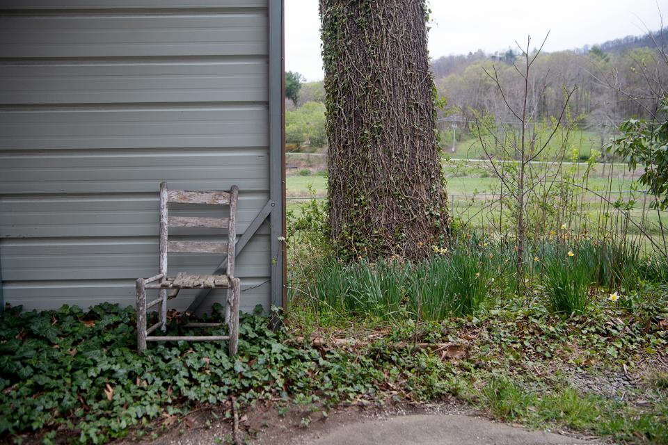 A chair where Gary King sat looking over his property in Haw Creek, April 4, 2024.