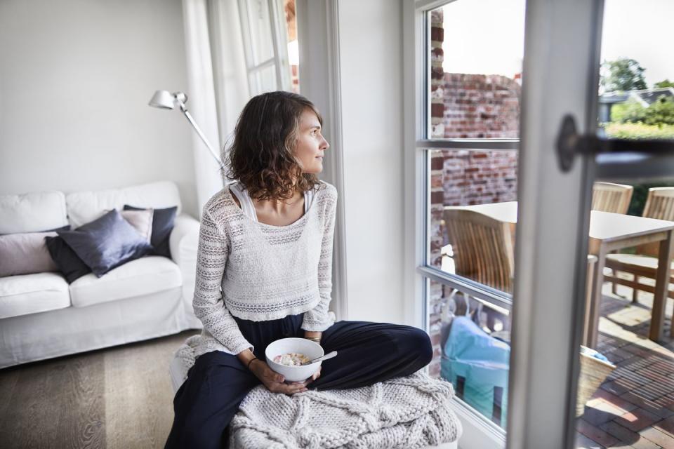 <p>No matter how hectic your day is, take a moment to pause and breathe before you start eating. </p><p>"Create space between you and your food," <a href="https://www.outshininged.com/" rel="nofollow noopener" target="_blank" data-ylk="slk:Lindsay Ronga;elm:context_link;itc:0;sec:content-canvas" class="link ">Lindsay Ronga</a>, yoga instructor, TED and NEDA speaker, and eating disorder recovery and wellness coach, tells Woman's Day. "This allows you to be mindful before you begin eating." </p>