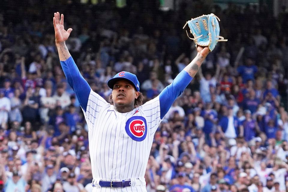 Chicago Cubs starting pitcher Marcus Stroman celebrates a win against the Tampa Bay Rays at Wrigley Field.