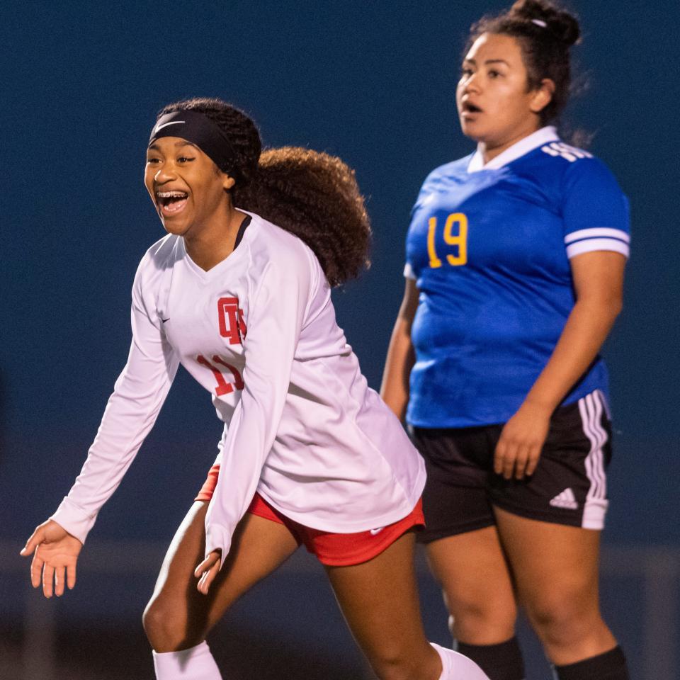 Oak Hills' Alyssa Vernon celebrates after scoring against Serrano during the second half in Phelan on Wednesday, Jan. 19, 2022. Oak Hills won 4-0.