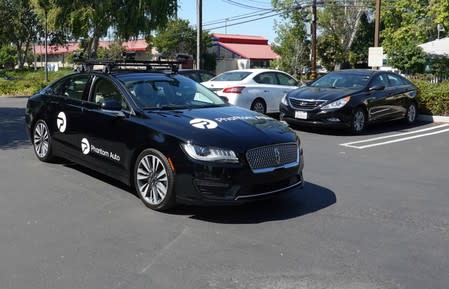 A self-driving vehicle is seen at the Silicon Valley headquarters of software supplier Phantom Auto in Mountain View