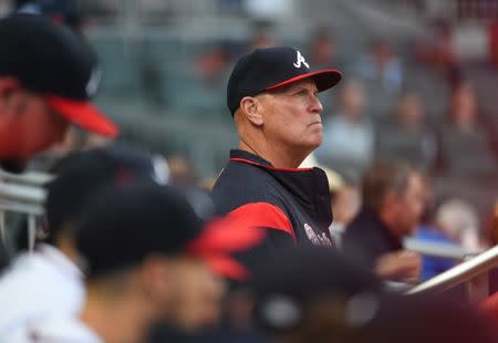 FILE PHOTO: Apr 21, 2018; Atlanta, GA, USA; Atlanta Braves manager Brian Snitker (43) looks on from the dugout against the New York Mets during the third inning at SunTrust Park. Mandatory Credit: Adam Hagy-USA TODAY Sports/File Photo