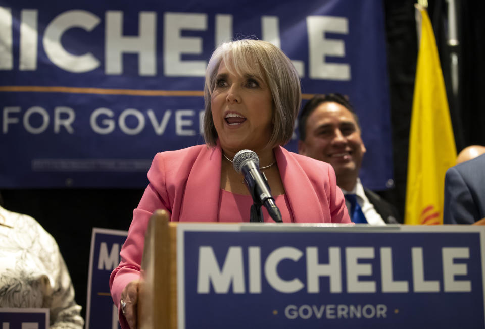 Reelected New Mexico Gov. Michelle Lujan Grisham speaks to supporters during the celebration party in Albuquerque, N.M., Tuesday, Nov. 8, 2022. The Democrat incumbent beat Republican candidate Mark Ronchetti. (AP Photo/Andres Leighton)