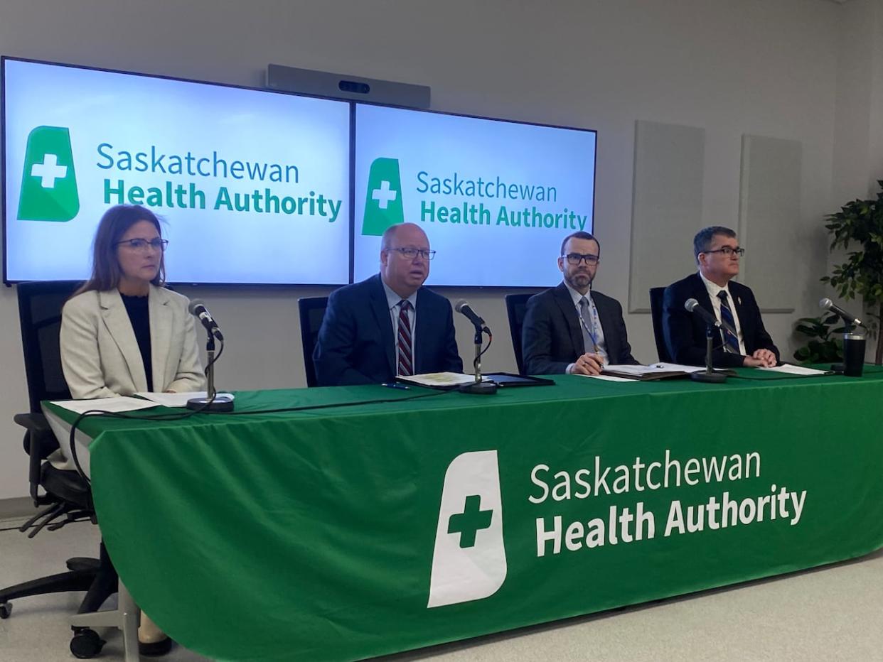 Saskatchewan Health Authority officials including CEO Andrew Will, second from left, hosted a news conference at Saskatoon City Hospital Thursday. (Jason Warick/CBC - image credit)