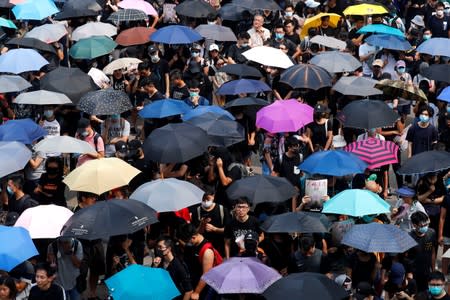 People march during a protest in Hong Kong