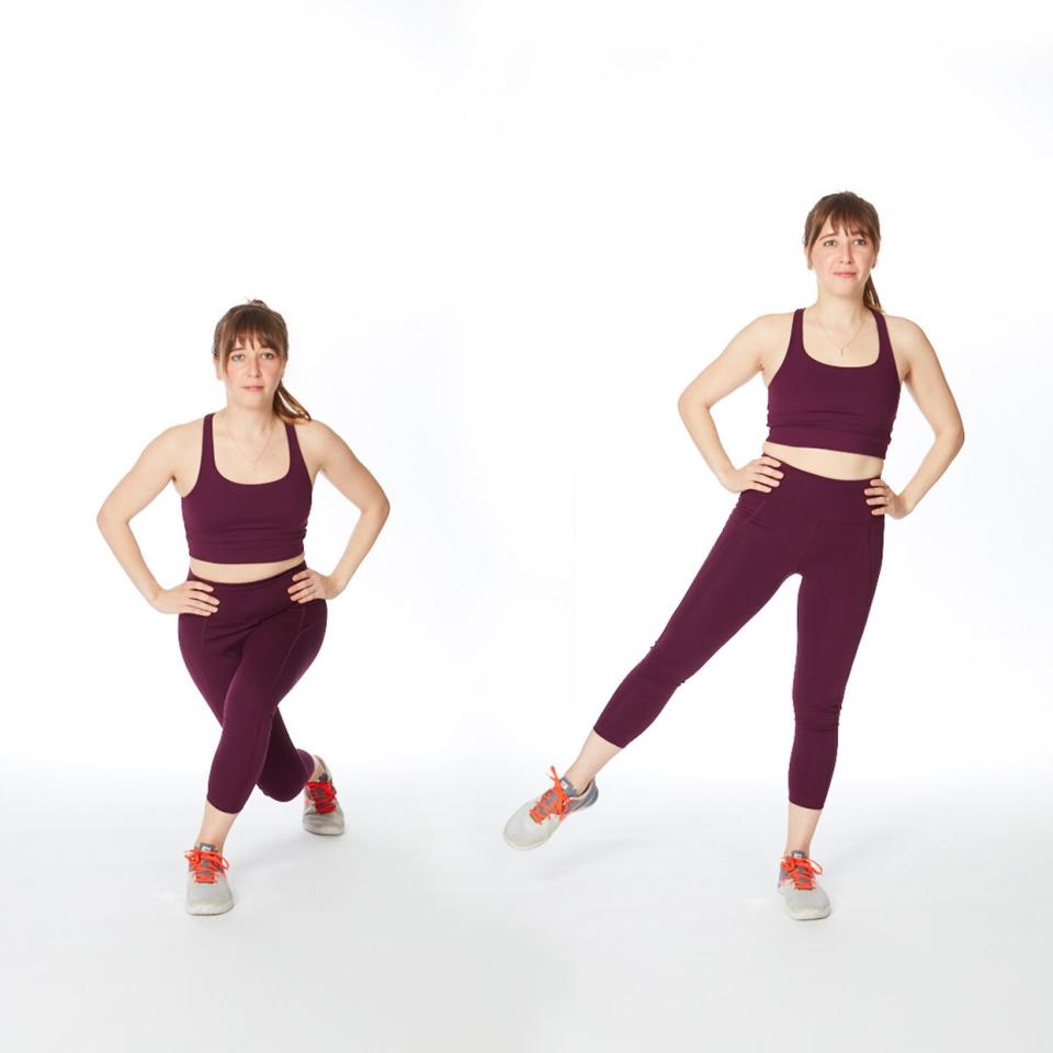 woman demonstrating curtsy squat lateral lift outer thigh exercise