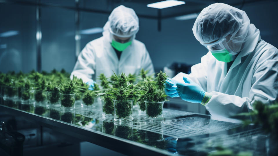 A laboratory with white-coated technicians carefully measuring out cannabis extracts.