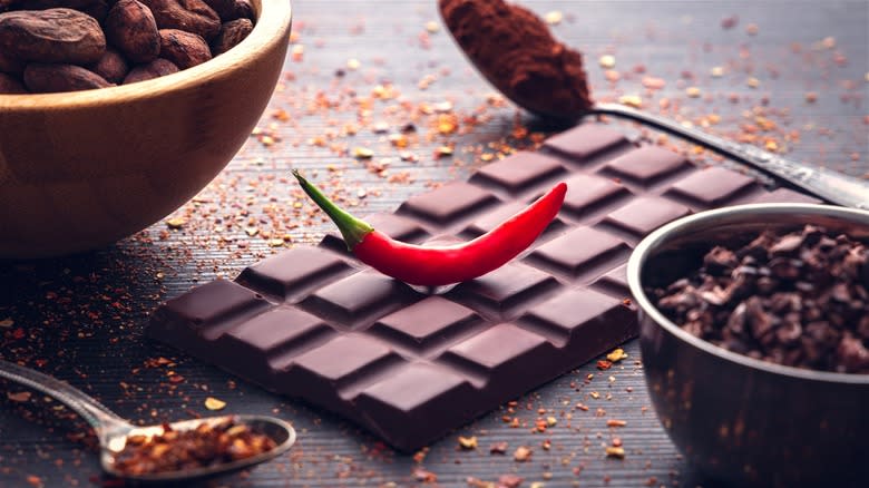 Red chili pepper on chocolate bar
