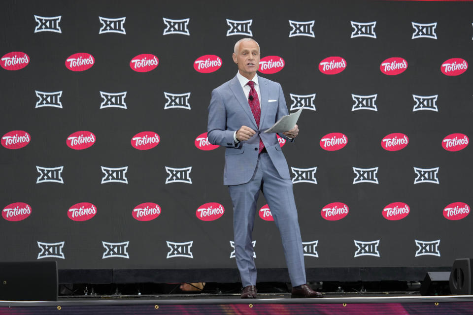 Big 12 Commissioner Brett Yormark speaks during Big 12 NCAA college football media days in Las Vegas Tuesday, July 9, 2024. (AP Photo/Lucas Peltier)