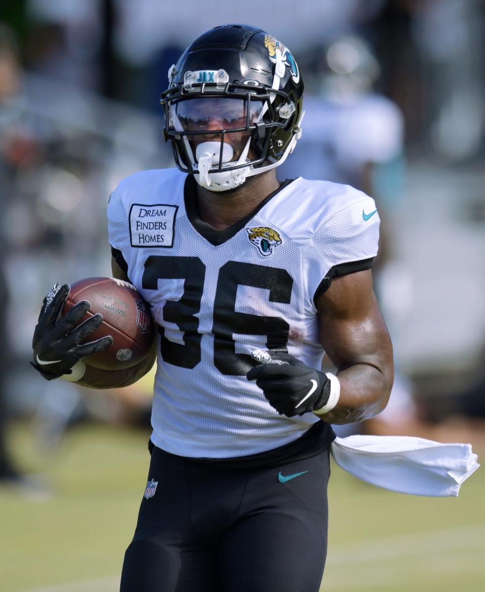 Jaguars running back Mekhi Sargent runs through drills in training camp.