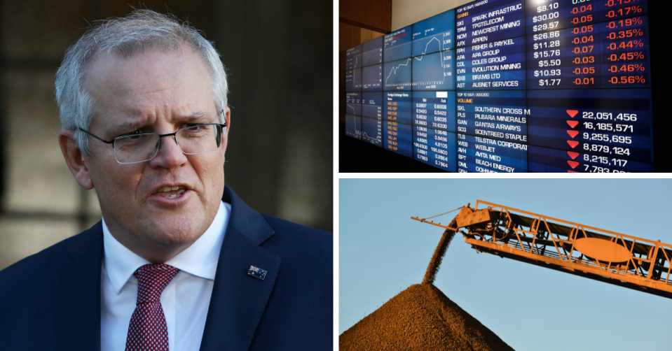 Prime Minister Scott Morrison speaking outside his residence, the ASX board showing red and an Iron ore mine