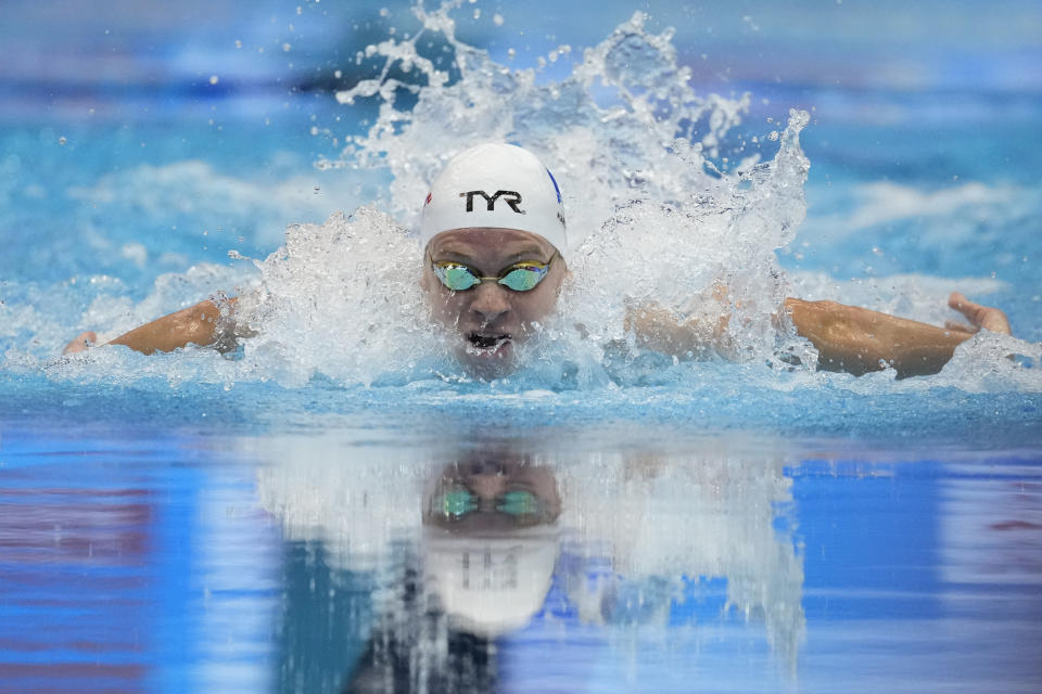 Leon Marchand of France competes during the men's 200m individual medley final at the World Swimming Championships in Fukuoka, Japan, Thursday, July 27, 2023. (AP Photo/Lee Jin-man)