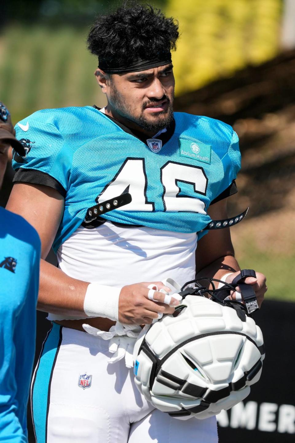 Carolina Panthers linebacker Eku Leota (46) walks to the practice fields during training camp at Wofford College.